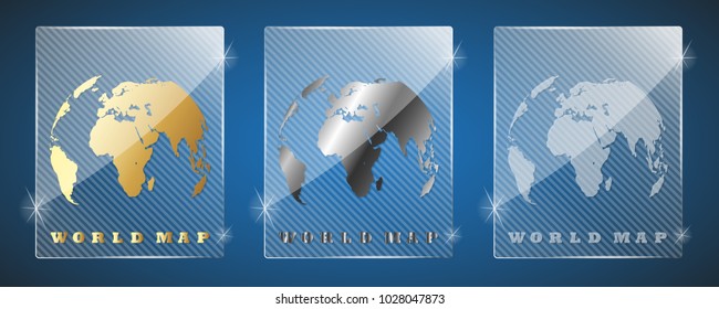 Glass trophy awards with World map. Vector illustration. Three variants: golden, silver and a simple shiny glass