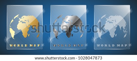 Glass trophy awards with World map. Vector illustration. Three variants: golden, silver and a simple shiny glass