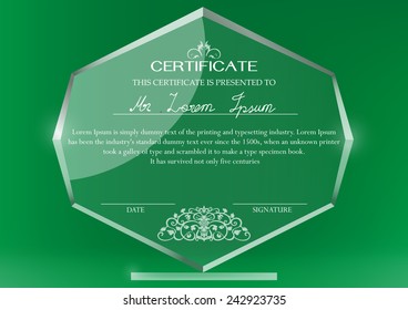 Glass trophy certificate on green background. 