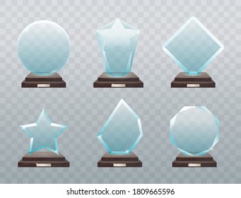 Glass trophy. Collection of isolated vector illustration of modern glass trophies, prizes
