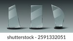 Glass trophy collection with transparent awards, black base stands, minimalist geometric shapes. Realistic 3d crystal acrylic prizes for corporate achievements, competitions, ceremonies designs.