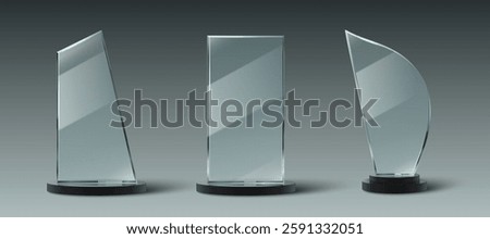 Glass trophy collection with transparent awards, black base stands, minimalist geometric shapes. Realistic 3d crystal acrylic prizes for corporate achievements, competitions, ceremonies designs.