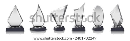 Glass trophy. Crystal transparent awards for ceremony, contest champion or award winner isolated vector illustration set of winner championship success