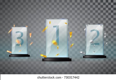 Trofeo de vidrio aislado sobre un fondo transparente. Conjunto de tazas - primer, segundo y tercer lugar. Plantilla de premio. Los ganadores de las competiciones deportivas y de desafío premian la colección de trofeos de vidrio. Vector. 