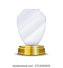 Glass trophy on podium with elegant light shimmer, gold first-place emblem, and classic laurel wreath engraving perfect for victory celebrations, contest achievements, and award illustration collectio