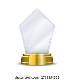 Glass trophy on podium with elegant light shimmer, gold first-place emblem, and classic laurel wreath engraving perfect for victory celebrations, contest achievements, and award illustration collectio