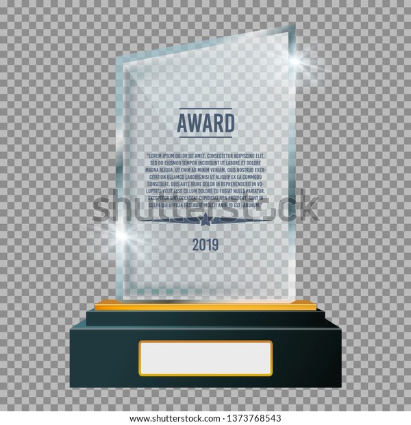 Glass trophy plaque award. Glossy\
transparent prize. Vector\
illustration.