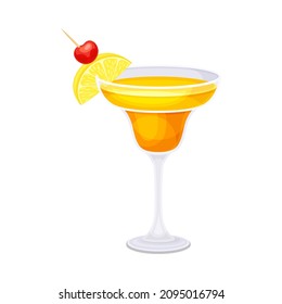 Glass of tropical cocktail with straw and lemon slice. Alcoholic beverage vector illustration