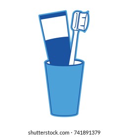 glass with tube toothpaste and toothbrush in blue silhouette vector illustration