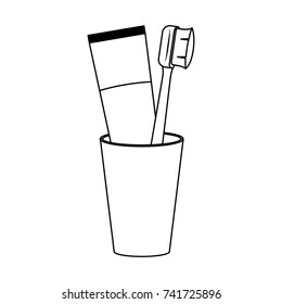 glass with tube toothpaste and toothbrush monochrome silhouette vector illustration