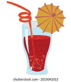 Glass tumbler with red goose drink, cocktail straw and umbrella.  Vector stock illustration isolated on white background.