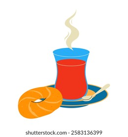 Glass of Turkish tea with simit. Traditional hot drink and bagel. Hand drawn vector illustration