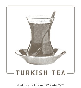 Glass of Turkish tea with a teaspoon, retro hand drawn vector illustration. Traditional tea cup, isolated white background.