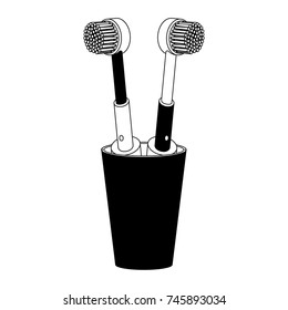 glass with two electric toothbrush in black silhouette vector illustration