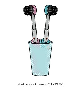 glass with two electric toothbrush colored crayon silhouette vector illustration