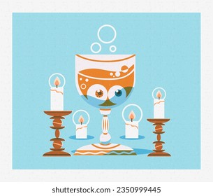 Glass with two eyes inside. Halloween retro illustration