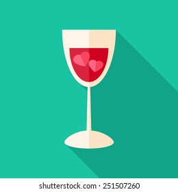 Glass with two hearts. Flat stylized object with long shadow