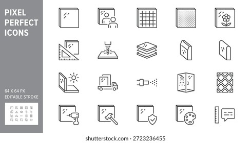 Conjunto de iconos de línea de tipos de vidrio. La Ilustración vectorial incluye el icono - Ferroglass, reforzado, esmerilado, privacidad, tensado, templado, pictograma de contorno seguro para espejos. 64x64 píxeles perfecto, trazo editable.