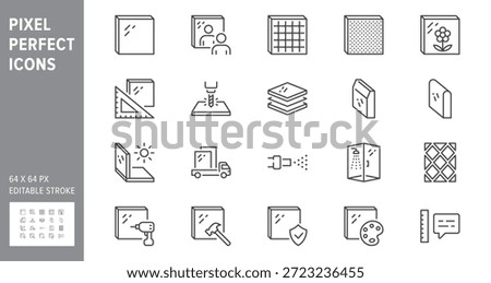 Glass types line icon set. Vector illustration include icon - ferroglass, reinforced, frosted, privacy, strained, tempered, secure outline pictogram for mirrors. 64x64 Pixel Perfect, Editable Stroke.