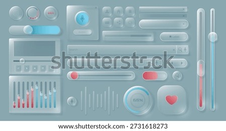 Glass ui glassmorphism with 3d transparent button and liquid box app. Realistic interface progress bar, dashboard panel ux and frosted futuristic style. Glossy hud, glass morphism phone 3 vector set.