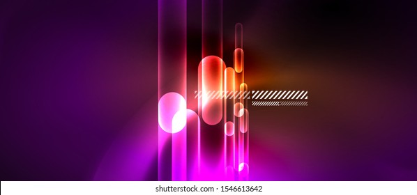 Glass ultraviolet neon block and lines abstract background. Vector shiny lights with geometric transparent lines and plates, light effects