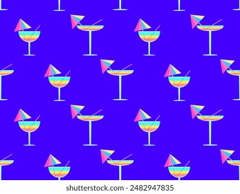 Vidrio con paraguas y paja sin patrón. Cóctel multicolor en un vaso. Cóctel de rayas tropicales en un vaso con un paraguas y una pajita. Diseño para Anuncio y cubierta. Ilustración vectorial