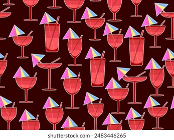 Glass with umbrella and straw seamless pattern. Multi-colored cocktail in a glass with a white outline. Tropical striped cocktail in a glass with an umbrella and a straw. Vector illustration