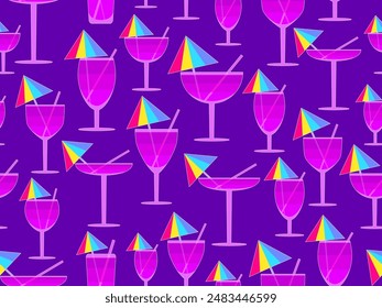 Glass with umbrella and straw seamless pattern. Multi-colored cocktail in a glass with a white outline. Tropical striped cocktail in a glass with an umbrella and a straw. Vector illustration