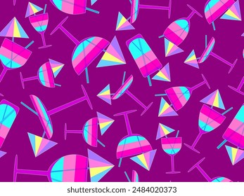 Glass with umbrella and straw seamless pattern. Multi-colored cocktail in a glass with a white outline. Tropical striped cocktail in a glass with an umbrella and a straw. Vector illustration