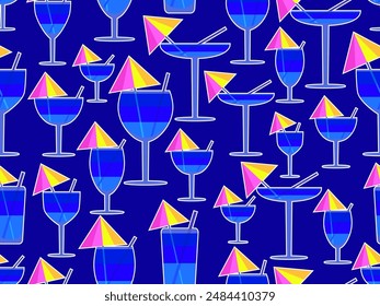 Glass with umbrella and straw seamless pattern. Multi-colored cocktail in a glass with a white outline. Tropical striped cocktail in a glass with an umbrella and a straw. Vector illustration