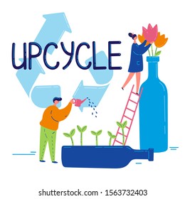 Glass upcycle concept.Man and woman look after plants.Secondary use of glass bottles as a vase and a pot.Flowers in a bottle.Germination of plants in a bottle.Upcycling sign.Vector flat illustration