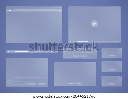 Glass user interface windows. Contemporary internet browser, dialog box and error message pop-up of frosted glass