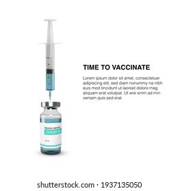 Glass vaccine bottle with syringe. Vaccination medicine global programm. Vector illustration