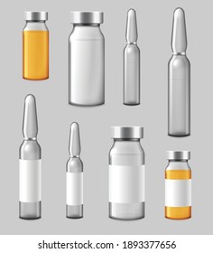 Glass vaccine or injection ampoules and bottles templates set, realistic vector illustration isolated on gray background. Ampoules for viral vaccination and immunization.