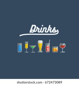 glass of various drinks and cocktails, isolated vector illustrations icons set.