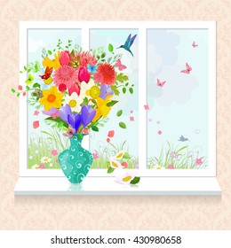 glass vase with arrangement of fresh flowers on windowsill for your design