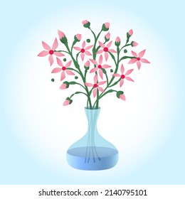 Glass vase with beautiful pink flowers. Card. Object. Vector illustration.
