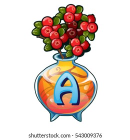 Glass vase with composition of ripe berries red cranberries isolated on a white background. The attributes of the holiday of thanksgiving day. The Letter A. Vector illustration close-up.