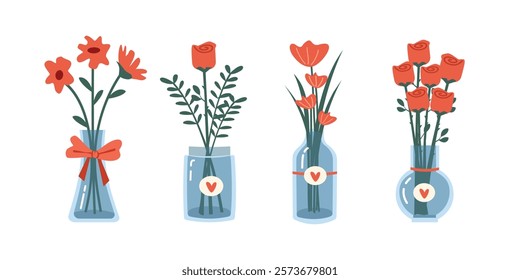 Glass vase. Flower in the glass vase. Flower vase illustration. Bloom. Spring flower. Spring season. Unique vase. Bouquet flowers. Bunch of flowers. Red rose. 