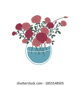 A glass vase of roses flat vector illustration. Isolated background. Doodle style