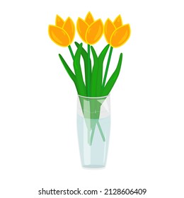 Glass vase with tulips isolated on white background. Yellow tulips bouquet in glass bowl with water. Spring posy of flowers.Easter floral composition. Interior element. 8 march day.Vector illustration