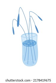 Glass vase with water in blue colors. Cartoon flowers or branches in vase. Vector illustration isolated on white background. 
