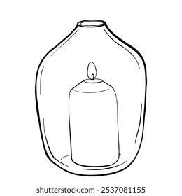 Glass Vase with Wax Candle inside. Hand drawn illustration of transparent bottle painted by black inks. Vector graphic. Contour Sketch in line art style. Object EPS vector