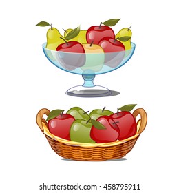 Glass vase and wicker basket with red and green apples isolated on white background. Vector cartoon close-up illustration.