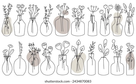 Glass vases with flower bouquets and plants bunch for natural home decoration isolated set. Simple summer blossoms in jars, spring blooming herbs in jugs design elements vector illustration.