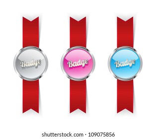 Glass vector badges with red ribbons and metallic decoration