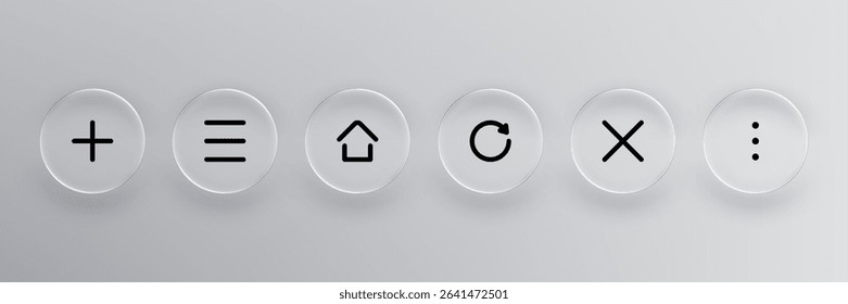 Glass vector buttons with plus symbol, menu, home, refresh, close, and ellipsis for app interface design. Web element for mobile navigation display.