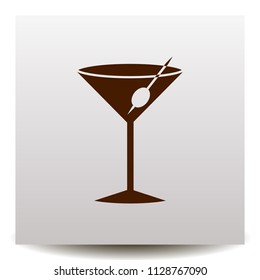 A glass vector icon with a coctail martini and olive on a realistic paper background with shadow . Illustration on a Flat design style.