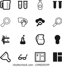 glass vector icon set such as: analysis, beaker, idea, creative, scraper, high, lab, utensil, specs, lens, pitcher, jar, invention, shine, simple, open, rag, bulb, occupation, cloud, room, energy