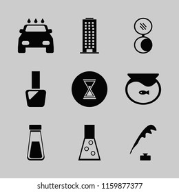 glass vector icons set. with office building, hourglass, aquarium and pocket mirror in set